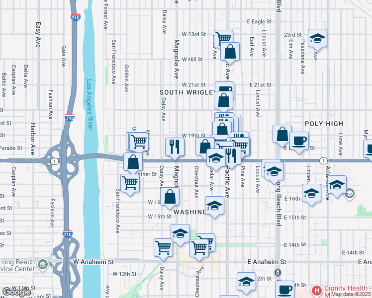 map of restaurants, bars, coffee shops, grocery stores, and more near in Long Beach