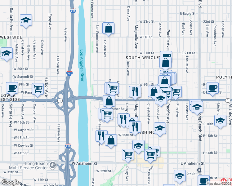 map of restaurants, bars, coffee shops, grocery stores, and more near 1830 Oregon Avenue in Long Beach