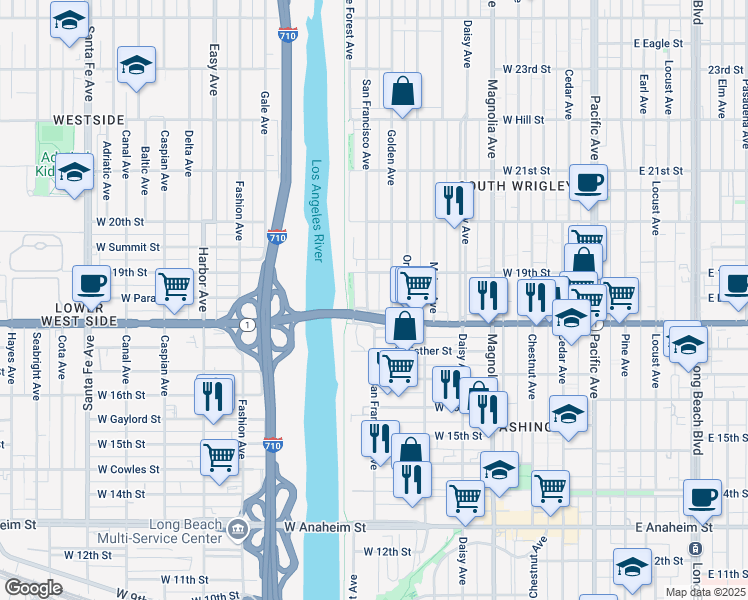 map of restaurants, bars, coffee shops, grocery stores, and more near 1838 San Francisco Avenue in Long Beach