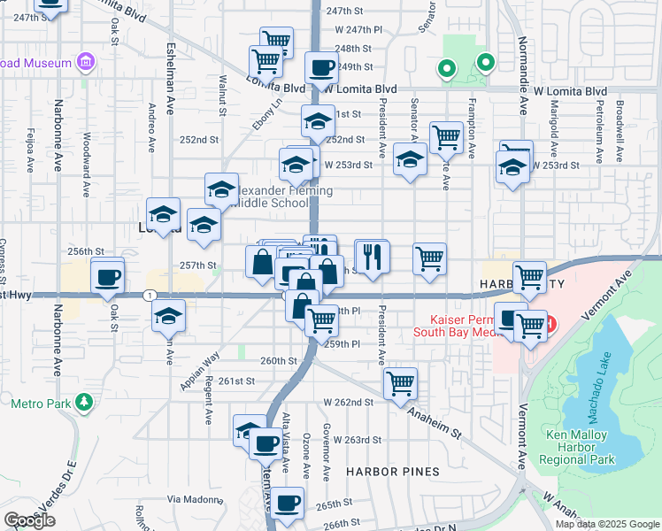 map of restaurants, bars, coffee shops, grocery stores, and more near 1671 257th Street in Los Angeles
