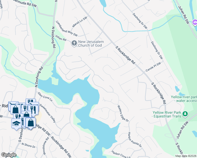map of restaurants, bars, coffee shops, grocery stores, and more near 7323 Timberline Way in Stone Mountain