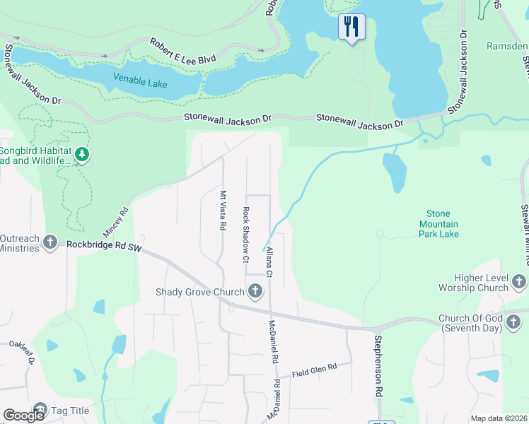 map of restaurants, bars, coffee shops, grocery stores, and more near 547 Allana Court in Stone Mountain
