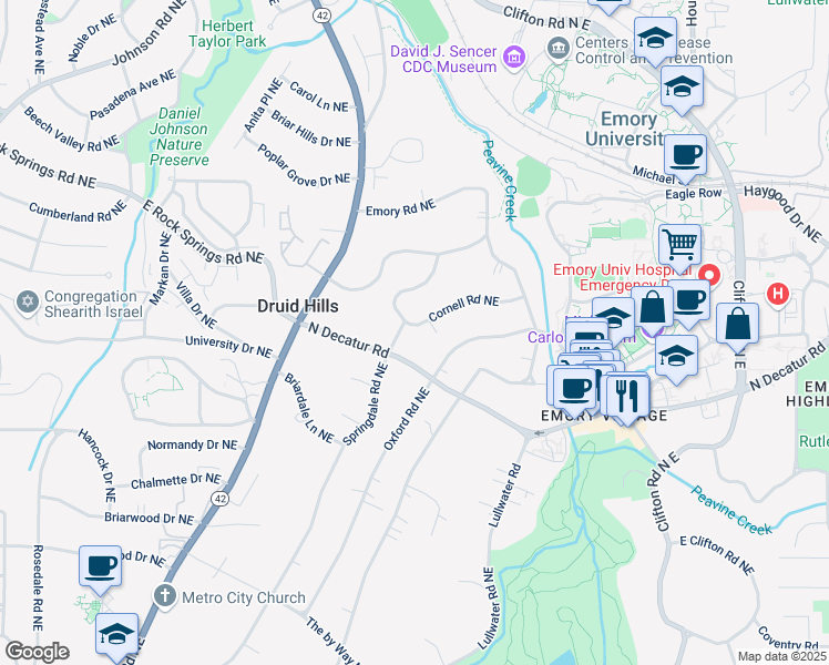 map of restaurants, bars, coffee shops, grocery stores, and more near 1377 Cornell Road Northeast in Atlanta