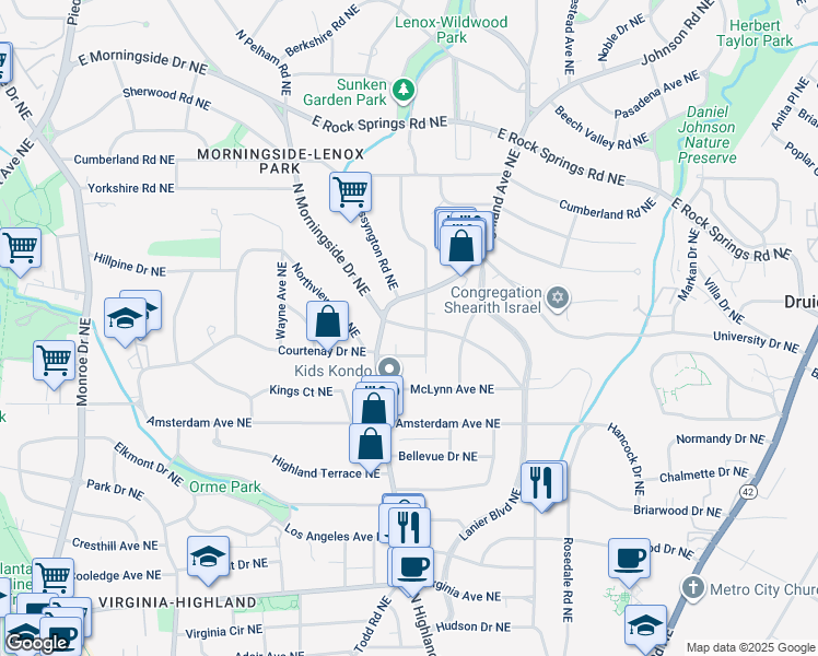 map of restaurants, bars, coffee shops, grocery stores, and more near 1306 North Morningside Drive Northeast in Atlanta