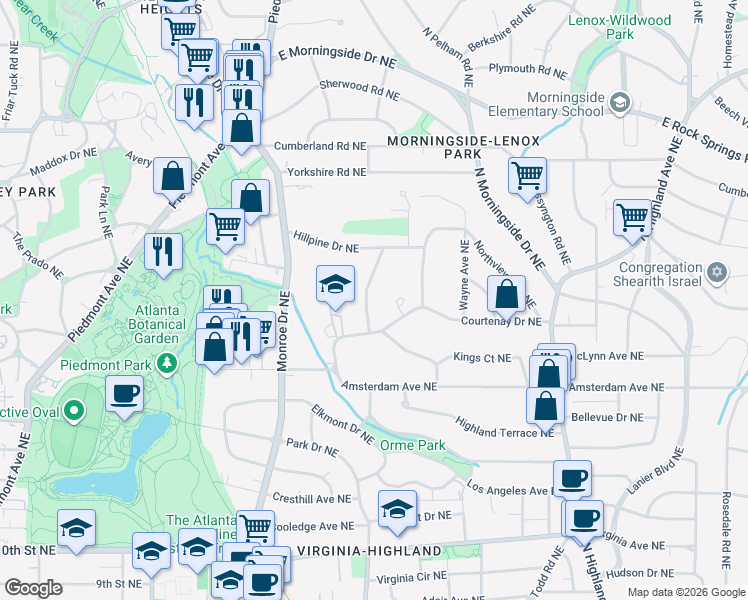 map of restaurants, bars, coffee shops, grocery stores, and more near 1315 Middlesex Avenue Northeast in Atlanta