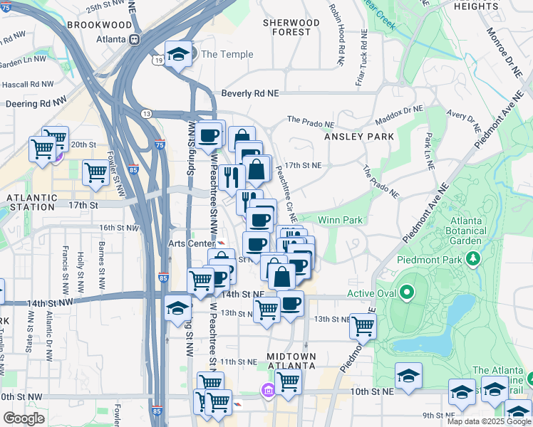 map of restaurants, bars, coffee shops, grocery stores, and more near 1307 Peachtree Street Northeast in Atlanta