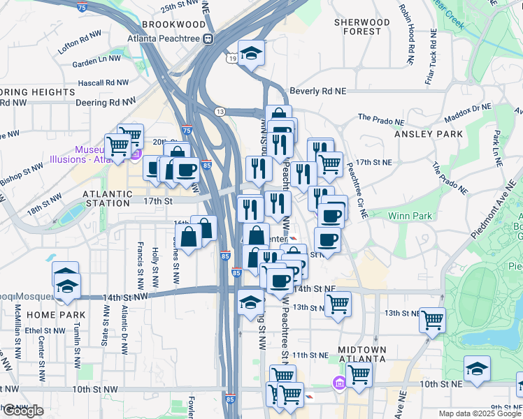 map of restaurants, bars, coffee shops, grocery stores, and more near 1314 Spring Street Northwest in Atlanta