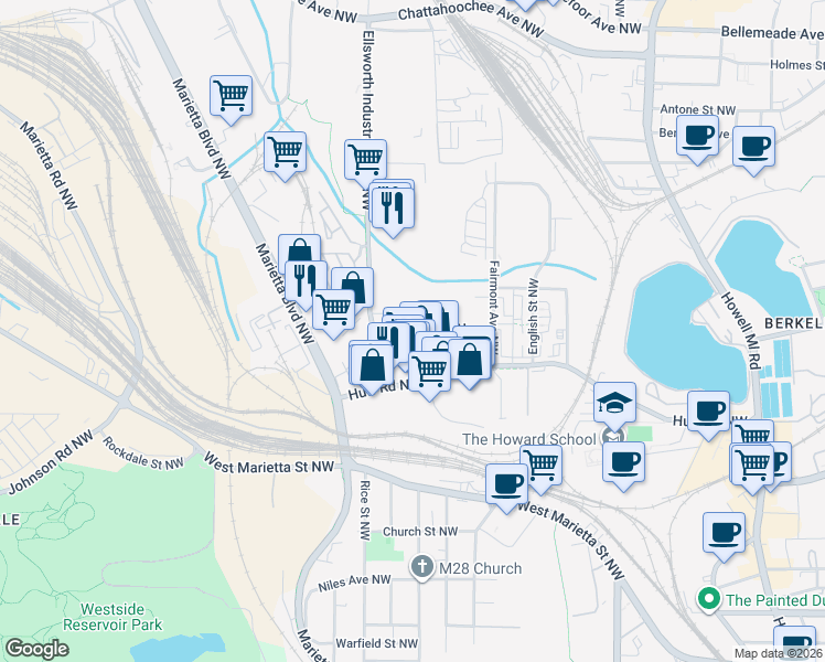 map of restaurants, bars, coffee shops, grocery stores, and more near 1228 Chelsea Circle Northwest in Atlanta