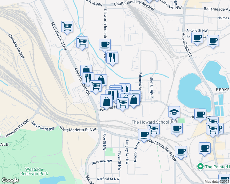 map of restaurants, bars, coffee shops, grocery stores, and more near 1228 Chelsea Circle Northwest in Atlanta