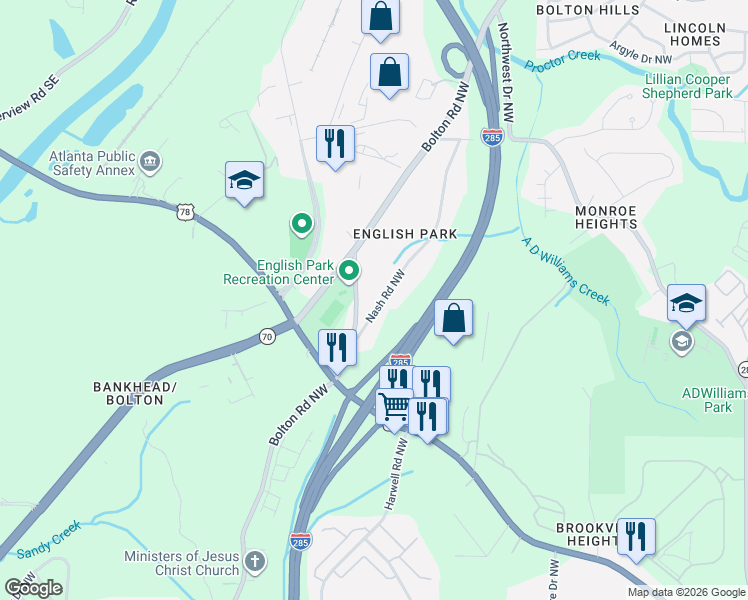map of restaurants, bars, coffee shops, grocery stores, and more near 1303 Nash Road Northwest in Atlanta