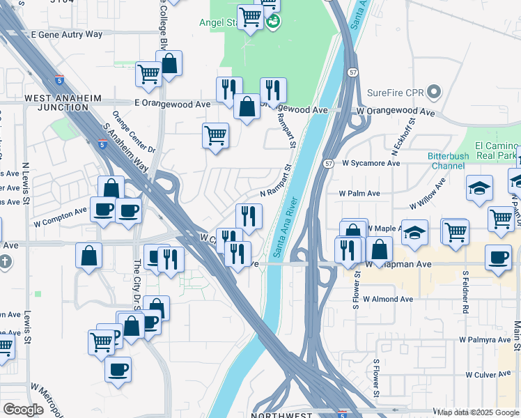map of restaurants, bars, coffee shops, grocery stores, and more near 301 North Rampart Street in Orange