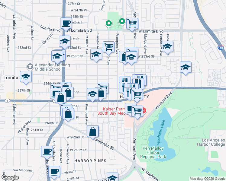 map of restaurants, bars, coffee shops, grocery stores, and more near 1346 257th Street in Los Angeles