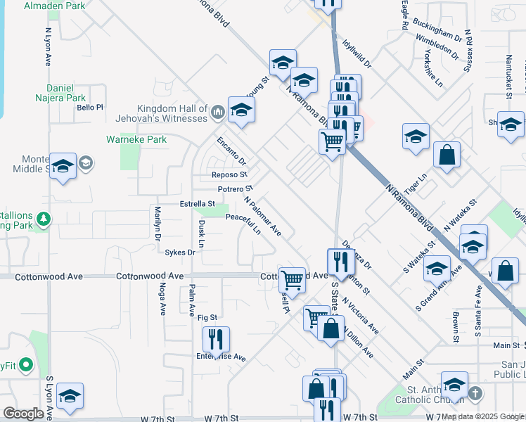 map of restaurants, bars, coffee shops, grocery stores, and more near 315 North Palomar Avenue in San Jacinto