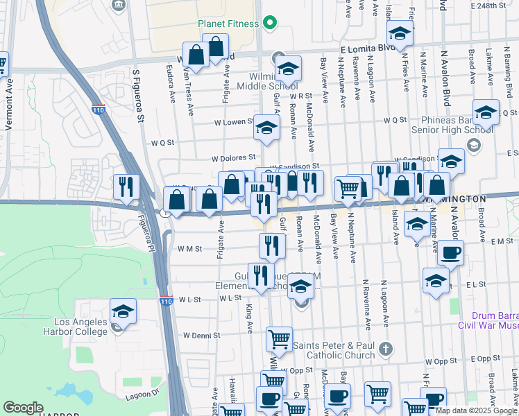 map of restaurants, bars, coffee shops, grocery stores, and more near 1403 Wilmington Boulevard in Los Angeles