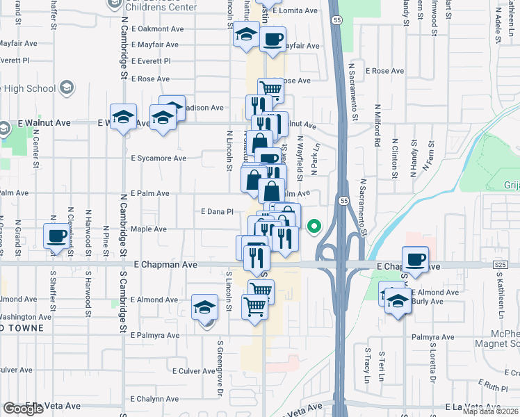 map of restaurants, bars, coffee shops, grocery stores, and more near 260 North Tustin Street in Orange