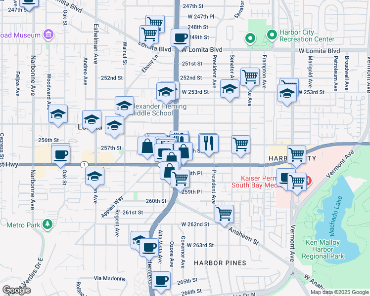 map of restaurants, bars, coffee shops, grocery stores, and more near 1671 257th Street in Los Angeles