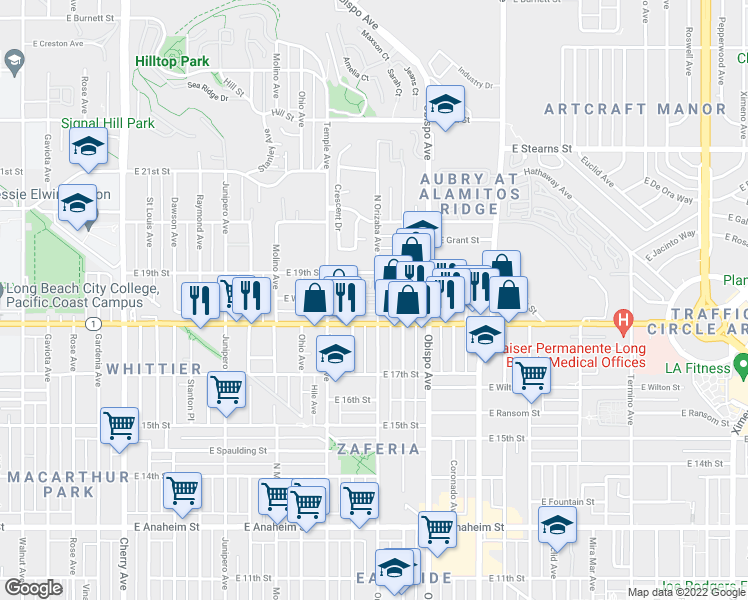 map of restaurants, bars, coffee shops, grocery stores, and more near 1845 Orizaba Avenue in Signal Hill