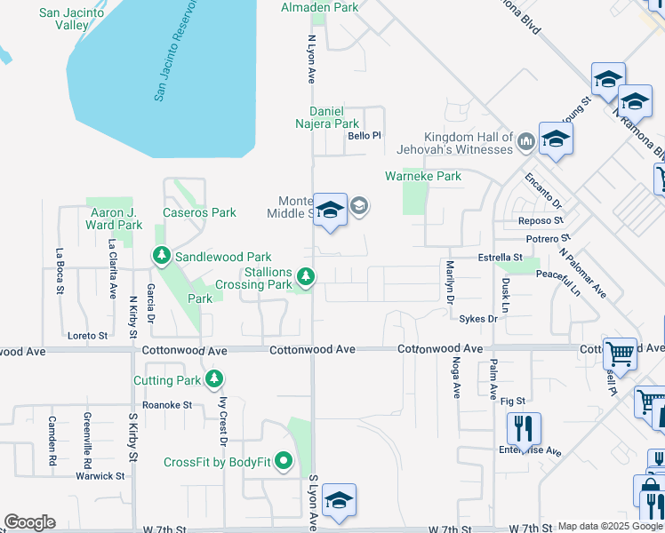 map of restaurants, bars, coffee shops, grocery stores, and more near Majesty Circle in San Jacinto