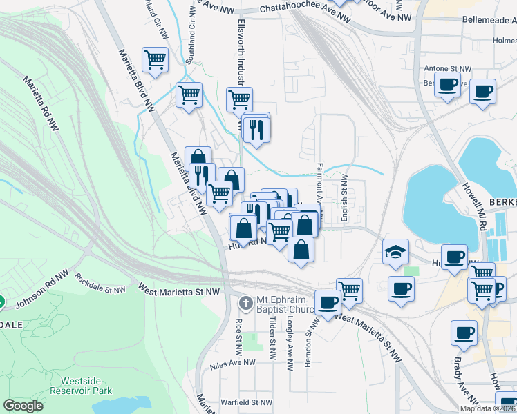 map of restaurants, bars, coffee shops, grocery stores, and more near 1228 Chelsea Circle Northwest in Atlanta