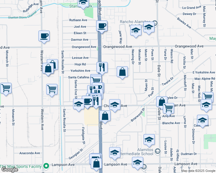 map of restaurants, bars, coffee shops, grocery stores, and more near 8080 Bever Place in Stanton