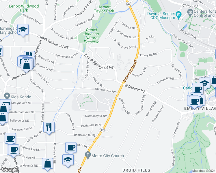 map of restaurants, bars, coffee shops, grocery stores, and more near 1212 Villa Drive Northeast in Atlanta