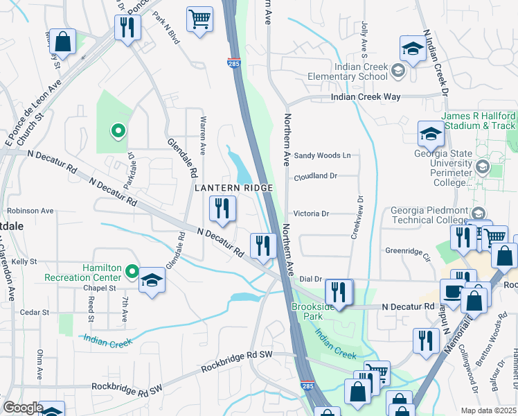 map of restaurants, bars, coffee shops, grocery stores, and more near 567 Lantern Wood Drive in Scottdale