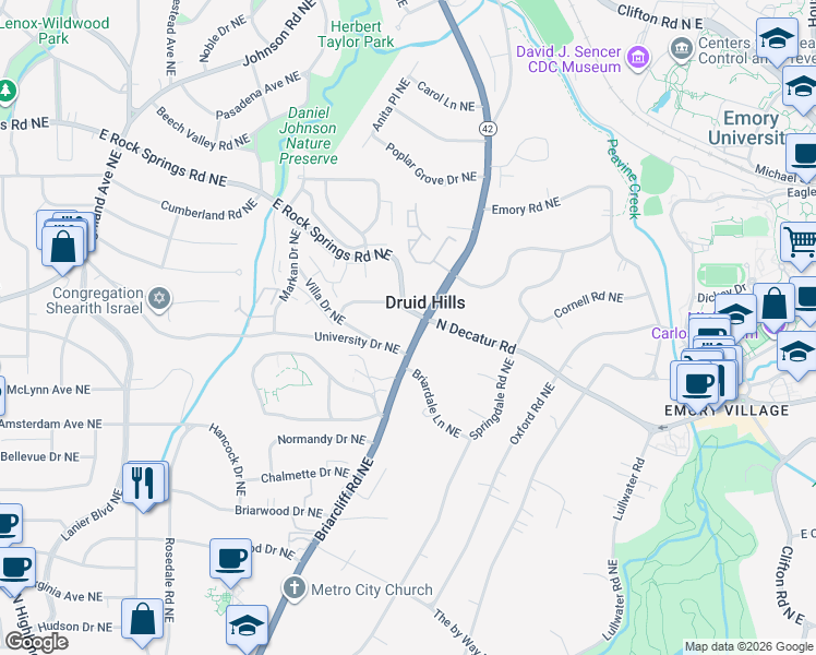map of restaurants, bars, coffee shops, grocery stores, and more near 1312 Briarcliff Road Northeast in Atlanta