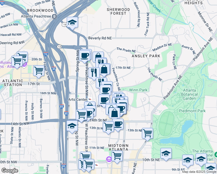 map of restaurants, bars, coffee shops, grocery stores, and more near 1315 Peachtree Street Northeast in Atlanta