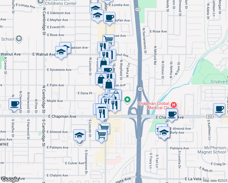map of restaurants, bars, coffee shops, grocery stores, and more near 260 North Oak Street in Orange
