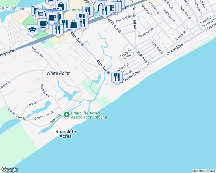 map of restaurants, bars, coffee shops, grocery stores, and more near 719 North Beach Boulevard in North Myrtle Beach