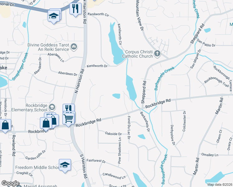 map of restaurants, bars, coffee shops, grocery stores, and more near 4994 Rockbridge Road Southwest in Stone Mountain
