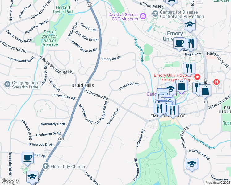 map of restaurants, bars, coffee shops, grocery stores, and more near 1377 Cornell Road Northeast in Atlanta