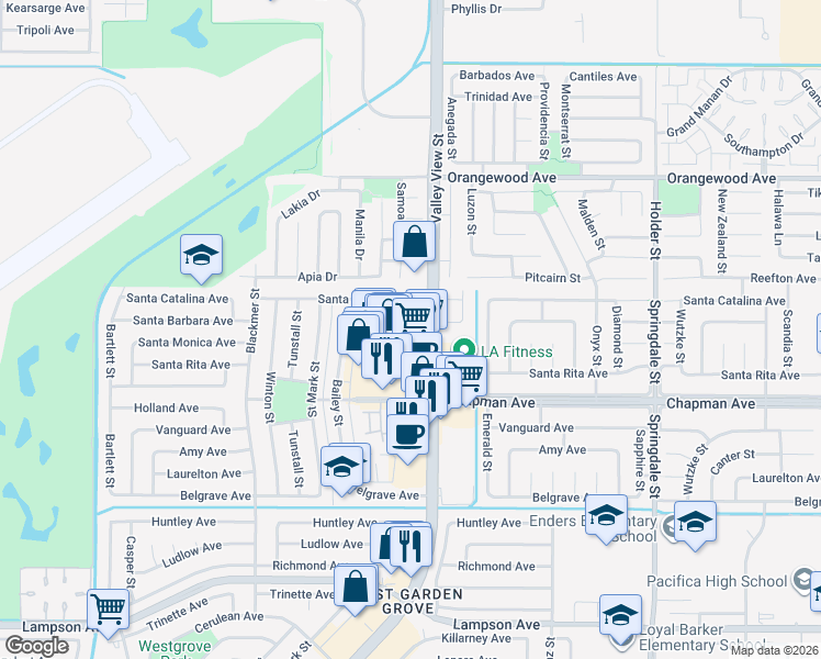 map of restaurants, bars, coffee shops, grocery stores, and more near 5962 Santa Barbara Avenue in Garden Grove
