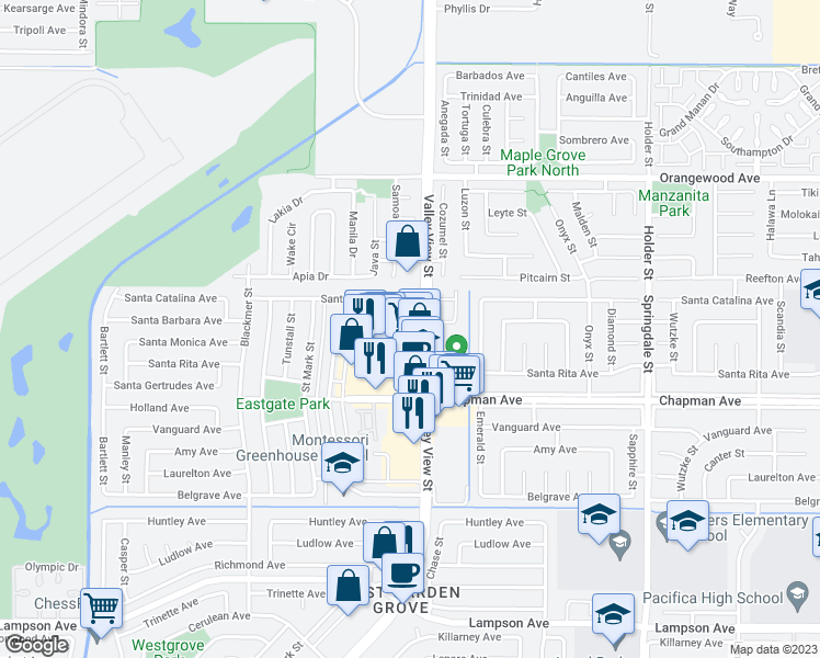 map of restaurants, bars, coffee shops, grocery stores, and more near 5942 Santa Barbara Avenue in Garden Grove