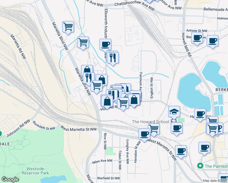 map of restaurants, bars, coffee shops, grocery stores, and more near 1292 Chelsea Circle Northwest in Atlanta