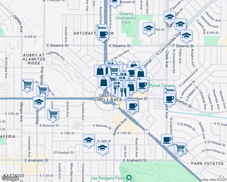 map of restaurants, bars, coffee shops, grocery stores, and more near 4403 East Los Coyotes Diagonal in Long Beach