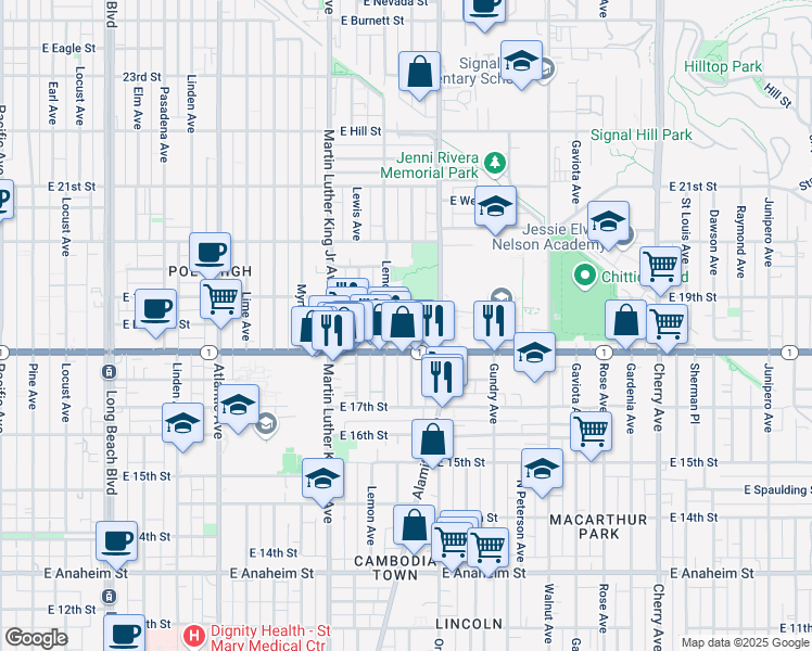 map of restaurants, bars, coffee shops, grocery stores, and more near 1843 Cerritos Avenue in Long Beach