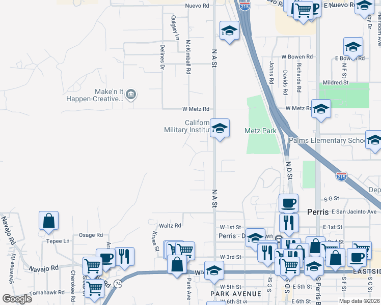 map of restaurants, bars, coffee shops, grocery stores, and more near 642 Dove Drive in Perris