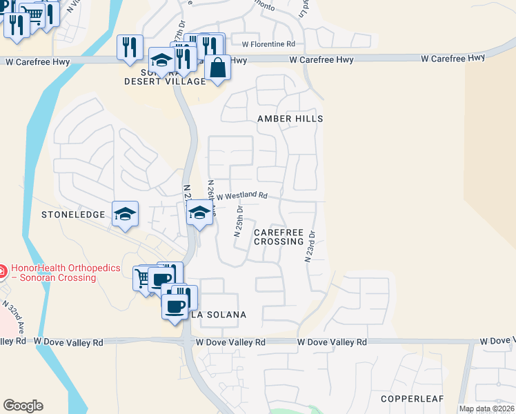 map of restaurants, bars, coffee shops, grocery stores, and more near 2507 W Granite Pass Rd in Phoenix