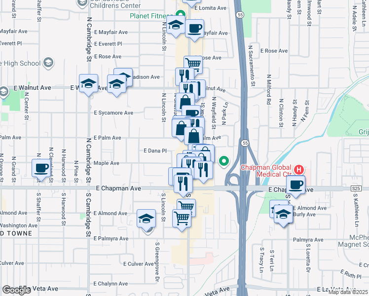 map of restaurants, bars, coffee shops, grocery stores, and more near 291 North Tustin Street in Orange