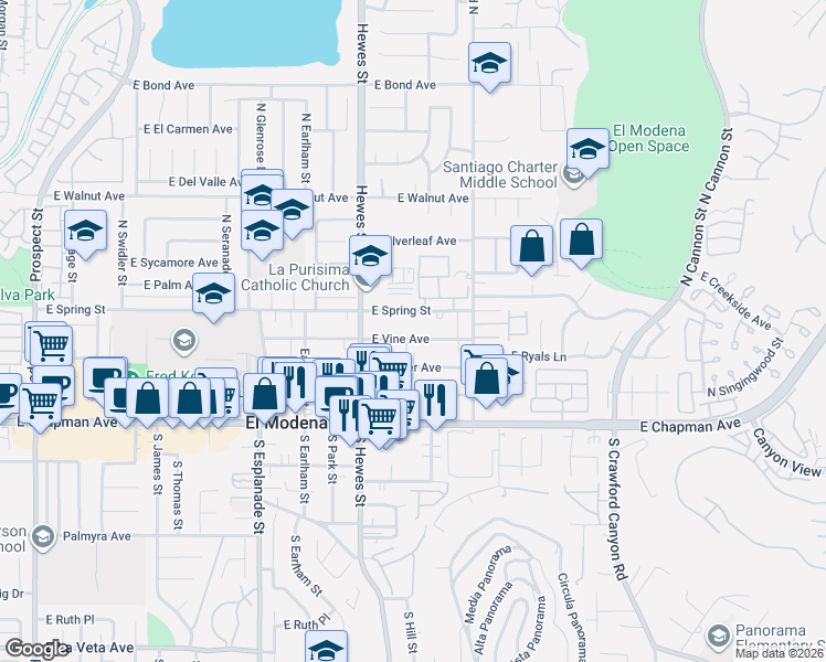 map of restaurants, bars, coffee shops, grocery stores, and more near 18833 East Vine Avenue in Orange
