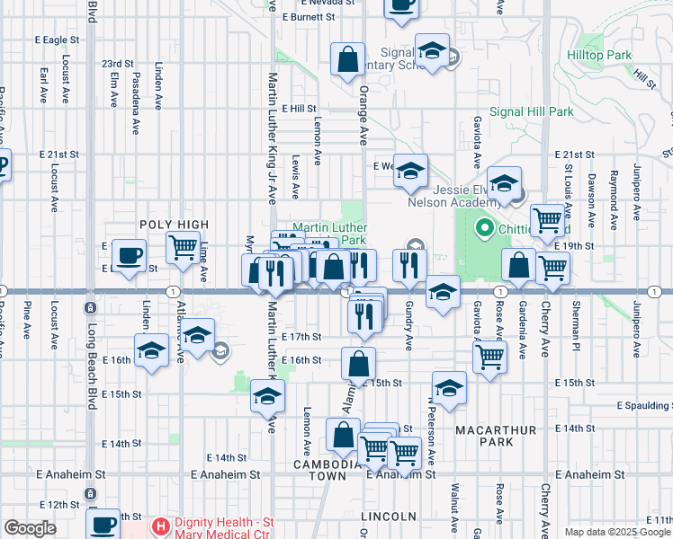 map of restaurants, bars, coffee shops, grocery stores, and more near 1843 Cerritos Avenue in Long Beach