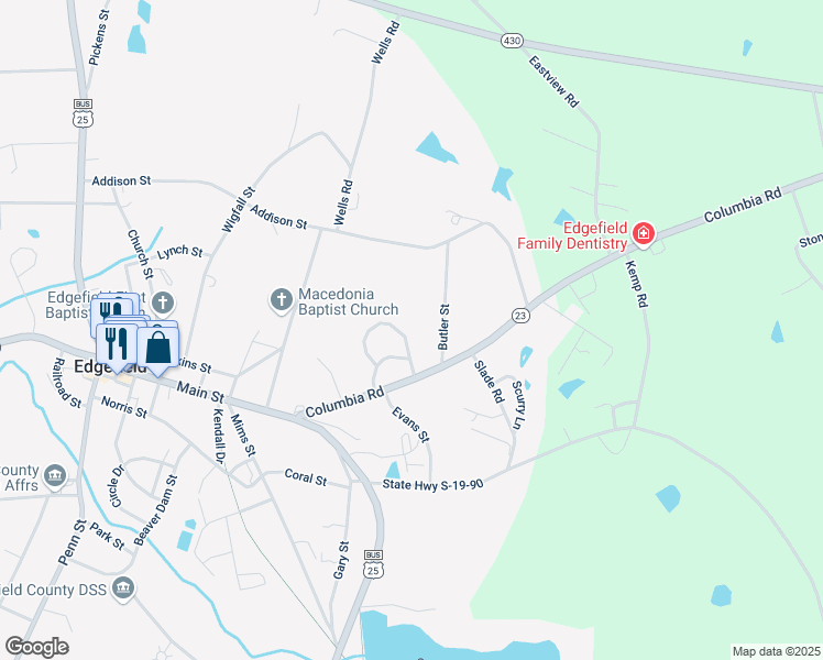 map of restaurants, bars, coffee shops, grocery stores, and more near 224 Sheppard Dr in Edgefield