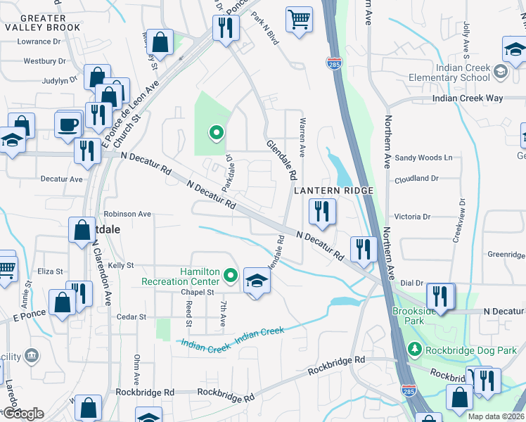 map of restaurants, bars, coffee shops, grocery stores, and more near 3317 Park Pointe Circle in Scottdale