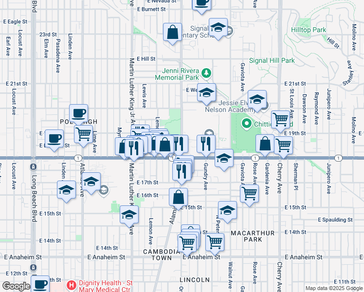 map of restaurants, bars, coffee shops, grocery stores, and more near 1847 Orange Ave in Long Beach