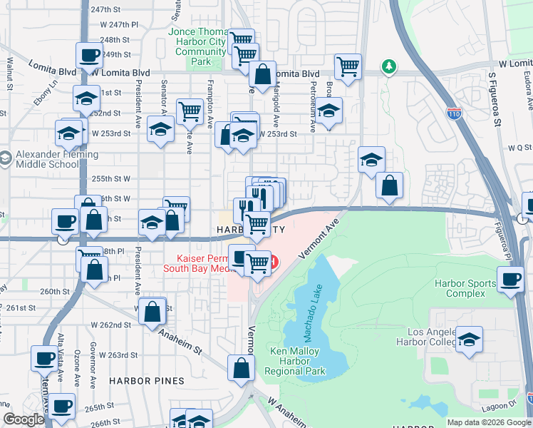 map of restaurants, bars, coffee shops, grocery stores, and more near 1111 Pacific Coast Highway in Los Angeles
