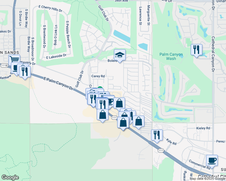 map of restaurants, bars, coffee shops, grocery stores, and more near 67691 Chelsea Road in Cathedral City