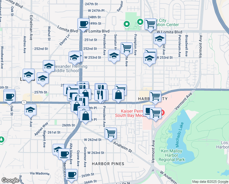 map of restaurants, bars, coffee shops, grocery stores, and more near 1519 257th Street in Los Angeles
