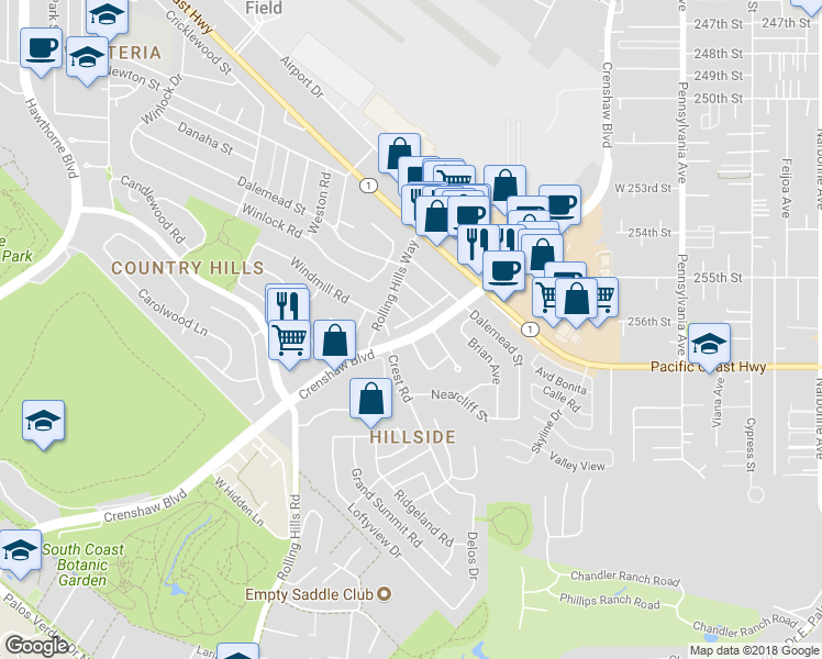 map of restaurants, bars, coffee shops, grocery stores, and more near 25601 Crenshaw Boulevard in Torrance