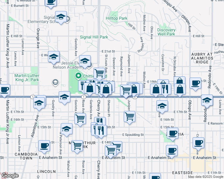 map of restaurants, bars, coffee shops, grocery stores, and more near 1845 Dawson Avenue in Signal Hill